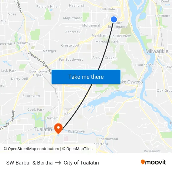 SW Barbur & Bertha to City of Tualatin map