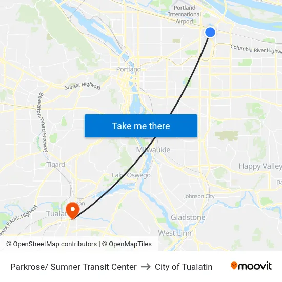 Parkrose/ Sumner Transit Center to City of Tualatin map