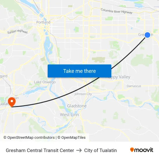 Gresham Central Transit Center to City of Tualatin map