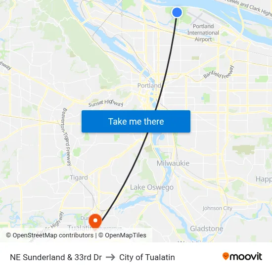 NE Sunderland & 33rd Dr to City of Tualatin map
