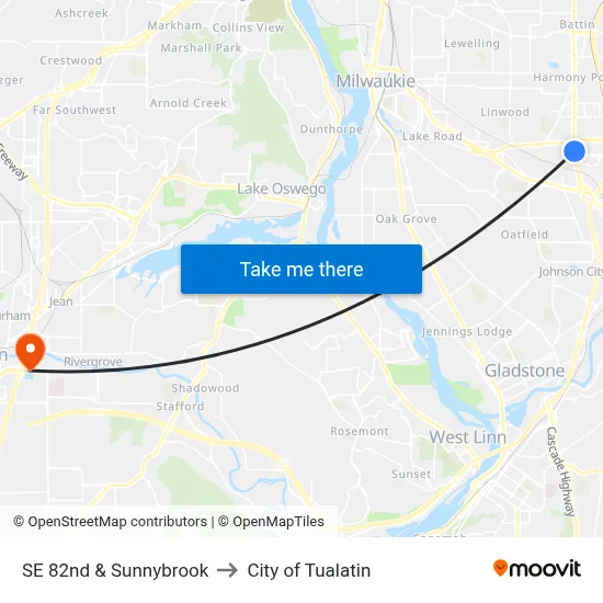 SE 82nd & Sunnybrook to City of Tualatin map