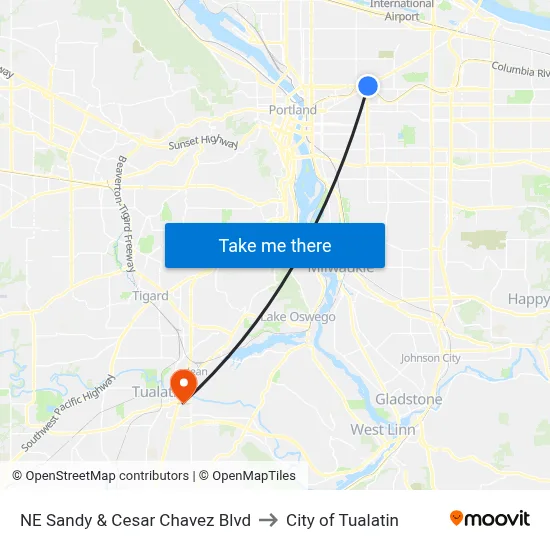 NE Sandy & Cesar Chavez Blvd to City of Tualatin map