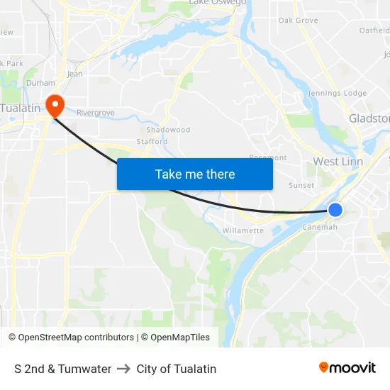 S 2nd & Tumwater to City of Tualatin map
