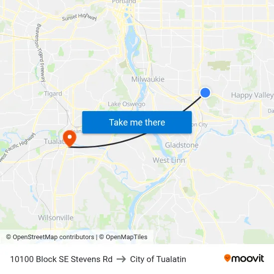 10100 Block SE Stevens Rd to City of Tualatin map