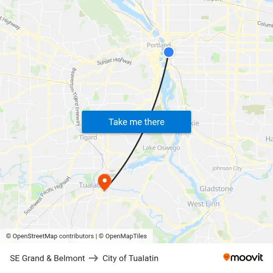 SE Grand & Belmont to City of Tualatin map