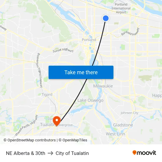 NE Alberta & 30th to City of Tualatin map