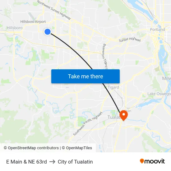 E Main & NE 63rd to City of Tualatin map