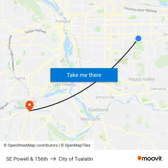 SE Powell & 156th to City of Tualatin map