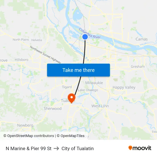 N Marine & Pier 99 St to City of Tualatin map