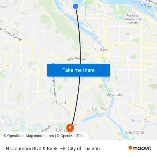 N Columbia Blvd & Bank to City of Tualatin map