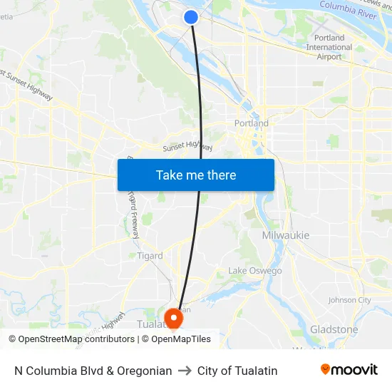 N Columbia Blvd & Oregonian to City of Tualatin map
