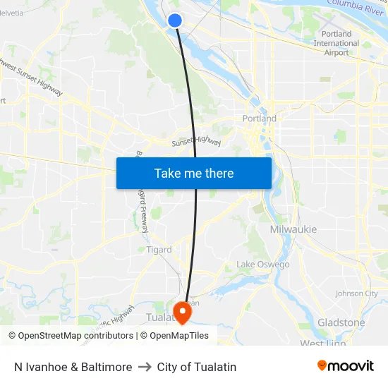N Ivanhoe & Baltimore to City of Tualatin map