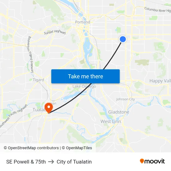 SE Powell & 75th to City of Tualatin map