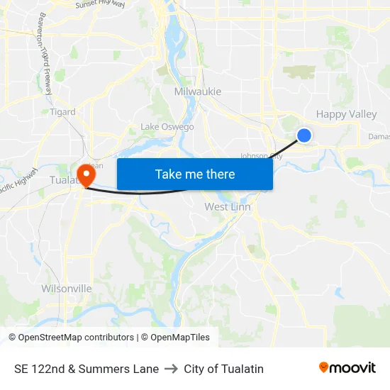 SE 122nd & Summers Lane to City of Tualatin map