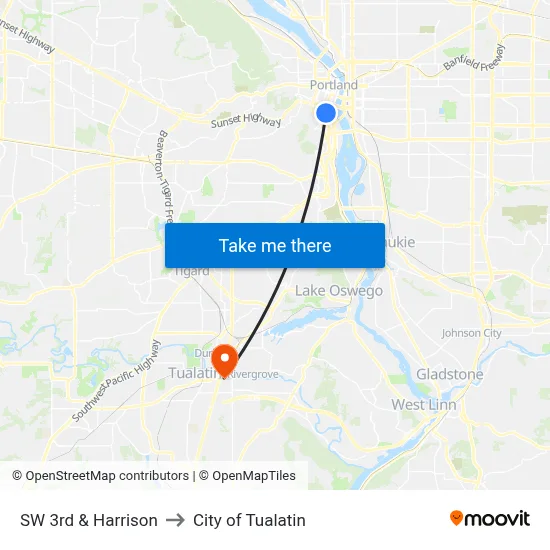 SW 3rd & Harrison to City of Tualatin map