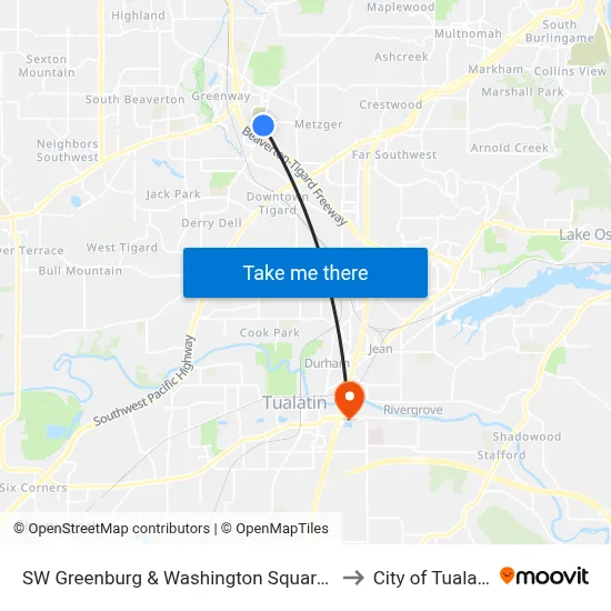 SW Greenburg & Washington Square Rd to City of Tualatin map