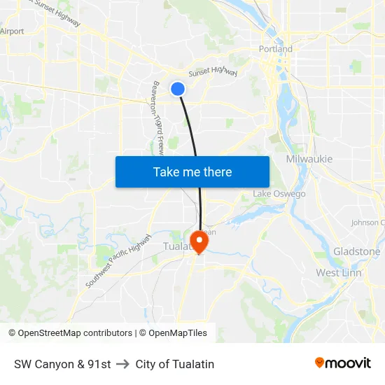SW Canyon & 91st to City of Tualatin map