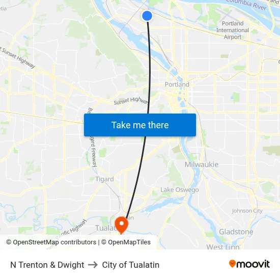 N Trenton & Dwight to City of Tualatin map