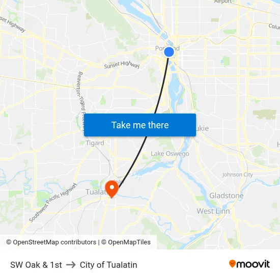 SW Oak & 1st to City of Tualatin map