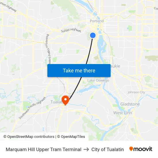 Marquam Hill Upper Tram Terminal to City of Tualatin map