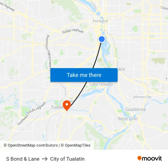 S Bond & Lane to City of Tualatin map