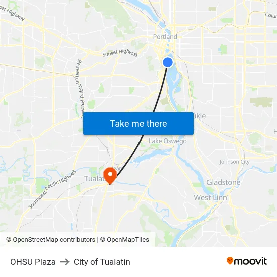 OHSU Plaza to City of Tualatin map