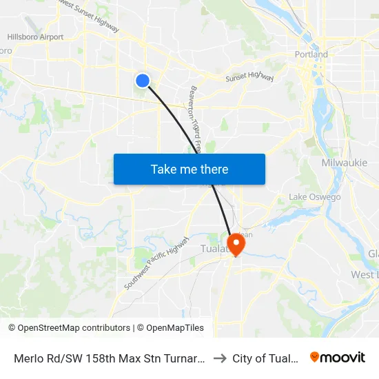 Merlo Rd/SW 158th Max Stn Turnaround to City of Tualatin map