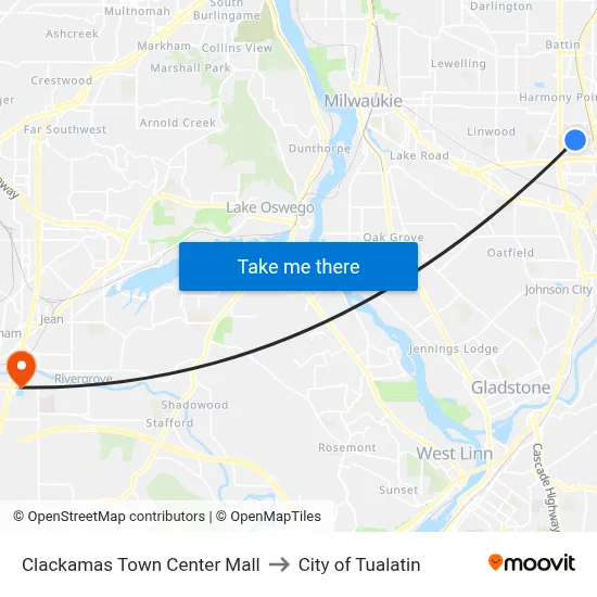 Clackamas Town Center Mall to City of Tualatin map