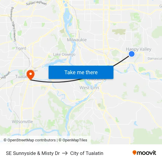 SE Sunnyside & Misty Dr to City of Tualatin map