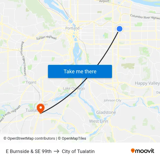 E Burnside & SE 99th to City of Tualatin map