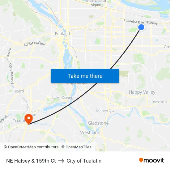 NE Halsey & 159th Ct to City of Tualatin map