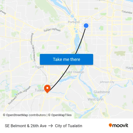 SE Belmont & 26th Ave to City of Tualatin map