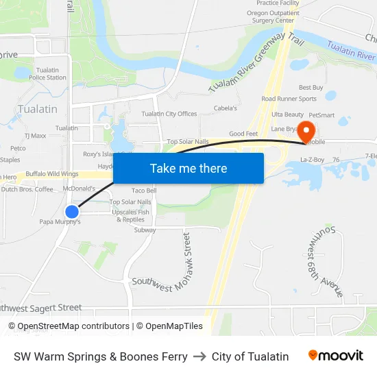 SW Warm Springs & Boones Ferry to City of Tualatin map