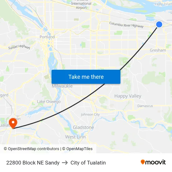 22800 Block NE Sandy to City of Tualatin map