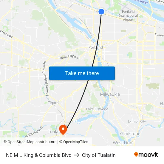 NE M L King & Columbia Blvd to City of Tualatin map