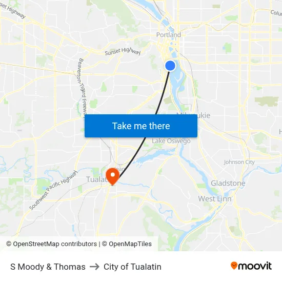 S Moody & Thomas to City of Tualatin map