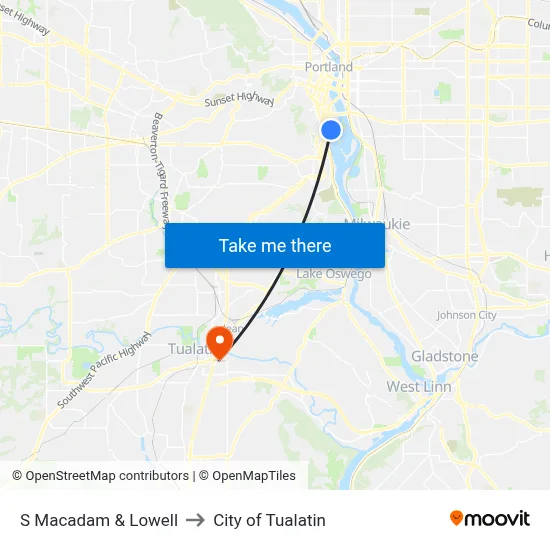 S Macadam & Lowell to City of Tualatin map