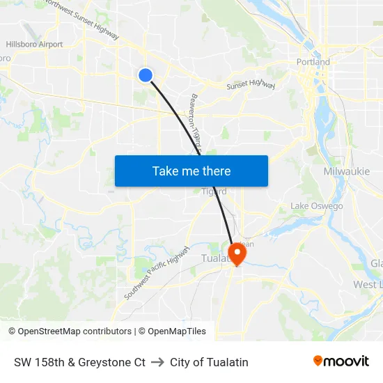 SW 158th & Greystone Ct to City of Tualatin map