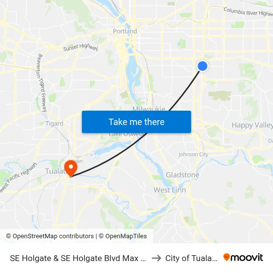 SE Holgate & SE Holgate Blvd Max Stn to City of Tualatin map