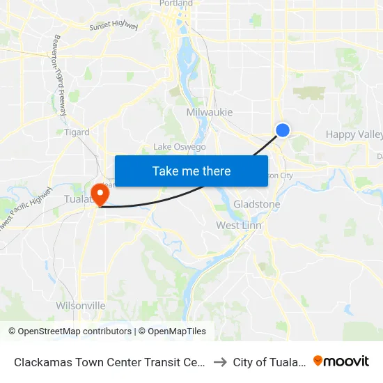 Clackamas Town Center Transit Center to City of Tualatin map