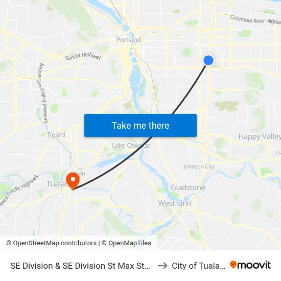 SE Division & SE Division St Max Station to City of Tualatin map