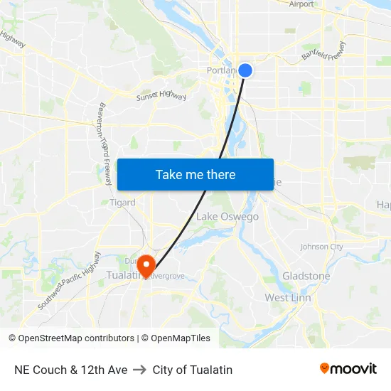 NE Couch & 12th Ave to City of Tualatin map