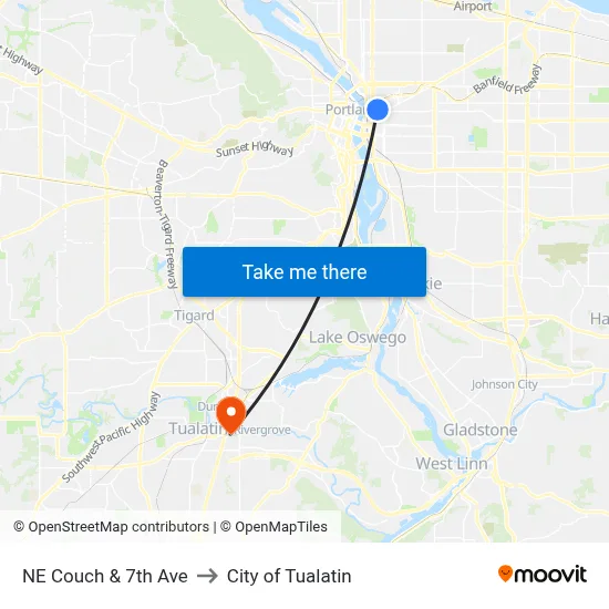 NE Couch & 7th Ave to City of Tualatin map