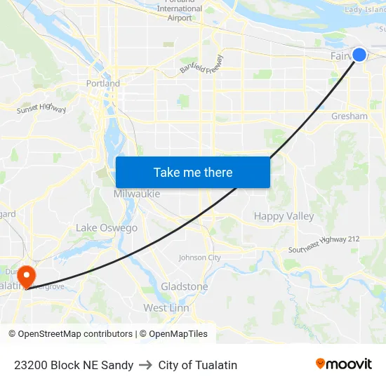 23200 Block NE Sandy to City of Tualatin map