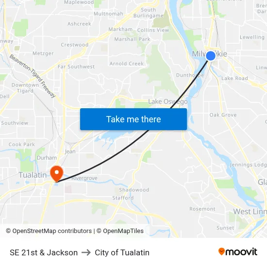 SE 21st & Jackson to City of Tualatin map