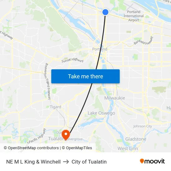 NE M L King & Winchell to City of Tualatin map