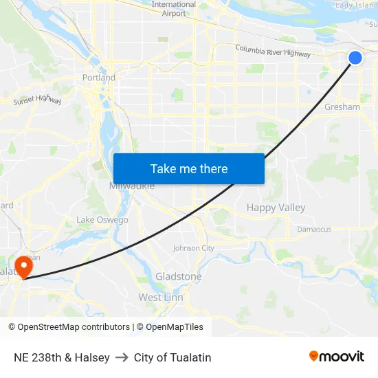 NE 238th & Halsey to City of Tualatin map