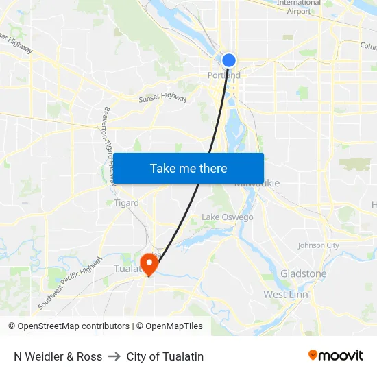 N Weidler & Ross to City of Tualatin map