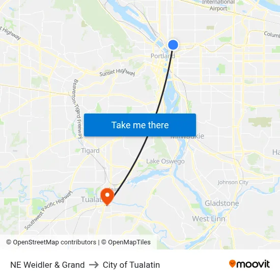 NE Weidler & Grand to City of Tualatin map