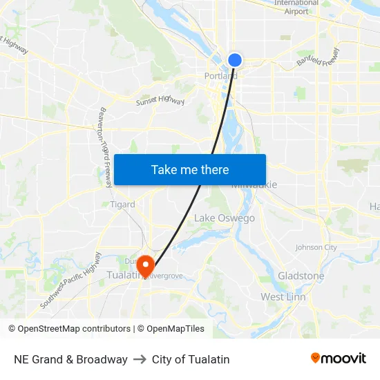 NE Grand & Broadway to City of Tualatin map